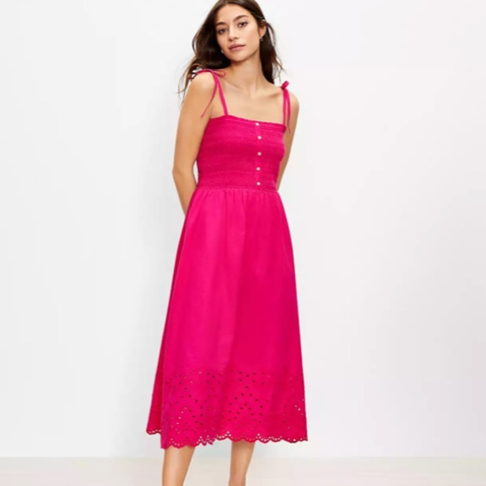 NEW! LOFT Eyelet Smocked Strappy Midi Dress
